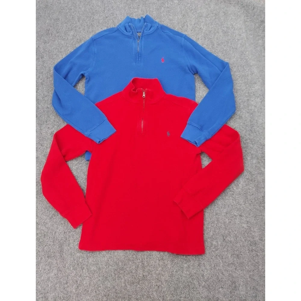 Lot 2 POLO RALPH LAUREN Pullover Sweater Boys XL 18-20 1/4 Zip Blue Red Waffle